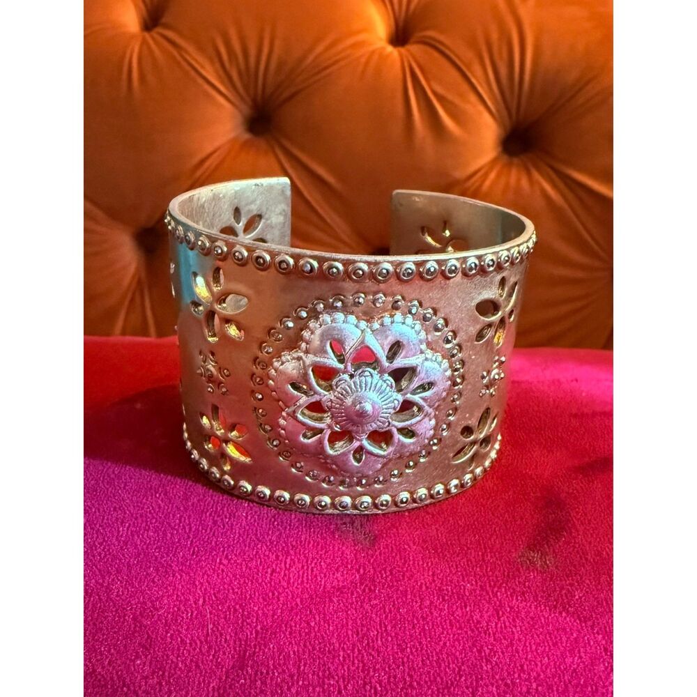 Lucky Brand Two Tone Gold Silver Floral Cutout Wide Cuff Bracelet Filigree